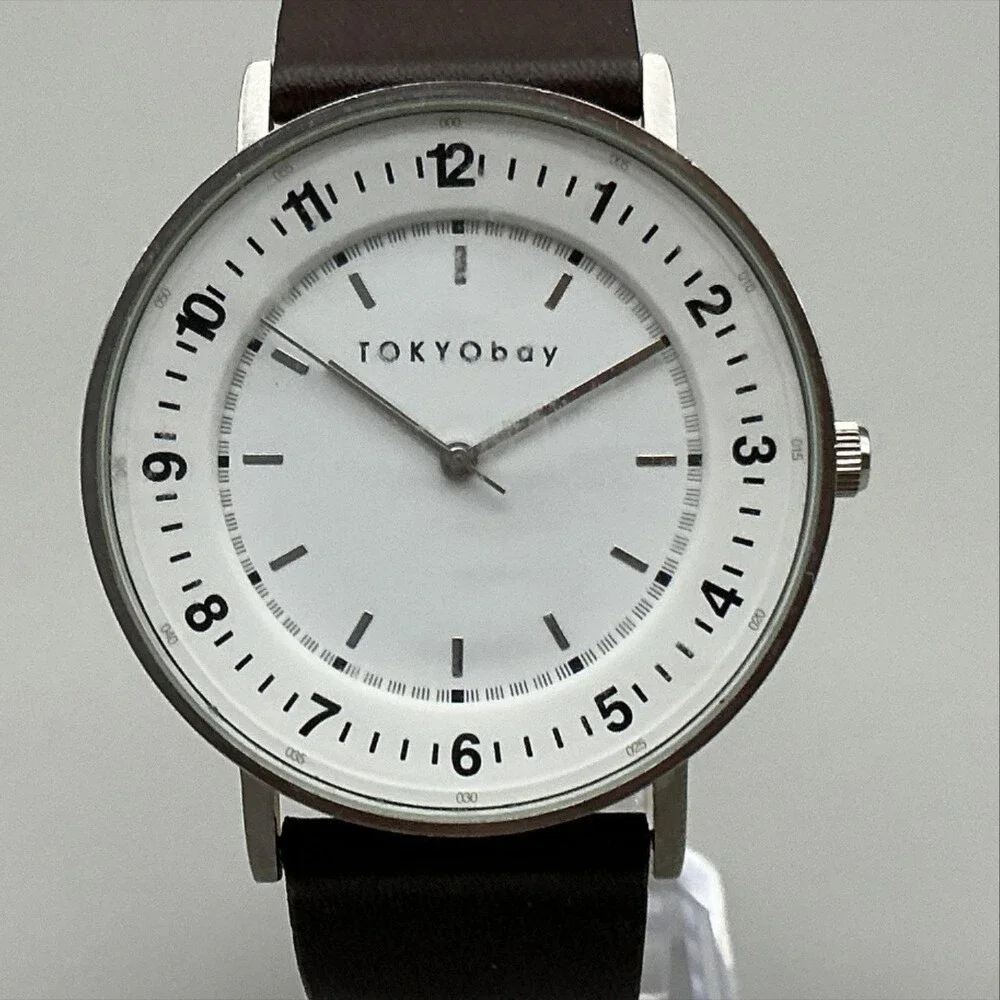 TOKYObay Mens Watch 43mm White Dial Brown Leather Silver Tone Stainless New Batt